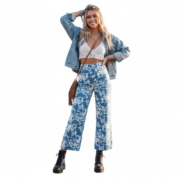 Vintage Supply Denim - NWT Blue Heart Print Wide Leg Jeans High Waisted Retro Boho Indie Festival 4